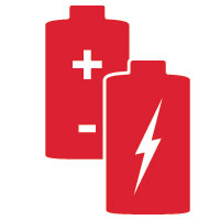 Clipart of two batteries, one with bolt signal, and the other one’s electrodes marked with plus and minus signal